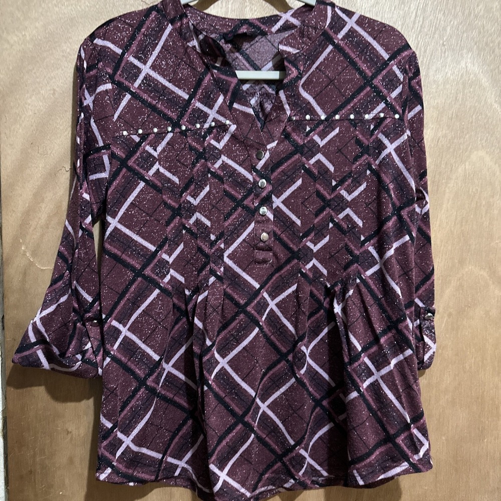 Cocomo Womens Burgundy Plaid Metallic Shimmer 3/4 Sleeve Roll Tab Top L Elegant